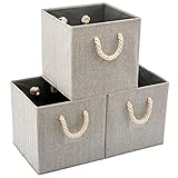 EZOWare 3er-Set Faltbare Aufbewahrungsbox aus Baumwolle, Regalkorb ohne Deckel, Faltbox Organizer Aufbewahrungskorb mit stabilen Griffen (33 x 33 x 33 cm) - Grau