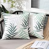 MIULEE Outdoor Kissenbezug Wasserdicht Kissen Wasserfest Dekorative Kissenbezüge Blattmuster Sofakissen Zierkissen Dekokissen für Garten Sofa Couch Wohnzimmer Schlafzimmer 2er Set 45x45 cm Grün Grau