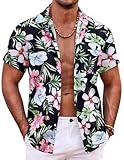 COOFANDY Hawaiihemd Herren Sommer Kurzarm Baumwolle Blumen Hemd Floral Strandhemd Button Down Bügelfrei Hawaii Shirt Schwarze Blumen XL