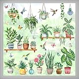 wondever Fenstersticker Grüne Topfpflanze Fenster Aufkleber Hängende Pflanzen Blätter Vögel Fensterbilder Fensteraufkleber Anti-Kollision Doppelseitig Glasaufkleber Frühling Sommer Glas Deko