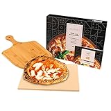 GOURMEO Pizzastein Set mit Bambus-Schaufel - 38x30cm Eckig - Cordierite Pizza Stein für Backofen, Gasgrill & Grill - Gleichmäßige Hitzeverteilung & leichte Reinigung