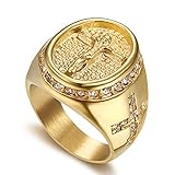 JewelryWe Schmuck Herren-Ring Christian Jesus Kreuz Kruzifix Siegelring Strass Edelstahl Retro Religiöser Ring Band mit Gravur Gold Size 13