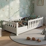 Juskys Kinderbett Naya - 80x160 cm Bett mit Rausfallschutz & Lattenrost - Holz Bodenbett für Kinder 3-10 Jahre - modernes Bettgestell Weiß