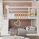 Aoskem Kinderbett Etagenbett 90x200 cm für 2 Kinder, Hochbett Hausbett mit Treppe Stauraum, Holzbett mit Fenster & Gitter, Bettgestell Kinderbett mit Rausfallschutz & Lattenrost, Ohne Matratze, Weiß