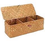 32.5x12x11cm Natürliches Aufbewahrungskorb, Seegras Korb Aufbewahrung, Natürliche Geflochtene Rechteckig Korb, Rattan Korb mit Deckel 3 Fächern, Körbchen Aufbewahrung für Schlafzimmer Badezimmer