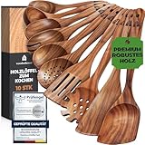 Kochlöffel Holz Set - Holzkochlöffel 10 Stück aus Teakholz - Holzlöffel, Pfannenwender Holz und weitere Kochbesteck Set - Natürlich & Perfekt für Antihaft. Leicht & Hitzebeständig Küchenutensilien
