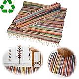 LS-LebenStil Fleckerlteppich Dehli 90x60cm Bunt recycelte Baumwolle Boho Flickenteppich Fransen Regenbogen Farben Läufer Vorleger für Wohnzimmer Flur Kinderzimmer Badezimmer