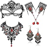 CASSIECA Halloween Kostüme Schmuck Schwarzes Halsband Spitze Halskette Set für Frauen Maske Armband und Ohrringe Halloween Hochzeitsdekoration Punk Party Gothic Vintage Handgemachtes Armband