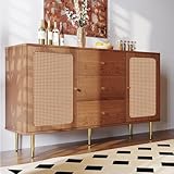 HYUB Sideboard 150x40x90cm Beistellschrank Schrank Mehrzweckschrank Flurschrank mit Rattan Einsatz und Verstellbare Ablage, Kommode Anrichte mit 3 Schubladen und 2 Türen, Nussbaum, Holzfarbe