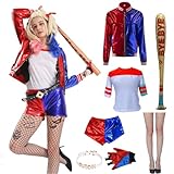 Yiomrmery Halloween Cosplay Kostüme für Erwachsene Kinder, Rot Blau Kostüm mit Handschuhe, Jacke, T-Shirt, Shorts für Halloween Weihnachten Karneval (Erwachsene, M)