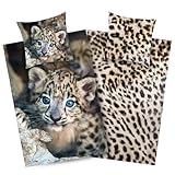 Aminata kids Leoparden Bettwäsche 135x200 - Wendebettwäsche Mikrofaser Mädchen und Jungen - Tiermotiv Bettwäsche Set - Bügelfrei - vorteilhaft für Allergiker