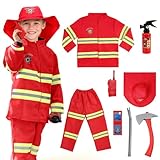AYBUY Feuerwehr Kostüm Set für Kinder，Feuerwehrmann Kostüm Kinder，Feuerwehr Rollenspiel Set mit Spielzeug-Feuerlöscher，Waschbares Kostüm Feuerwehrmann Set für Karneval, Fasching, Mottoparty-120 cm