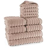 Pure Label 10-TLG. Handtücher Set mit Aufhängeschlaufen aus 100% Baumwolle, saugstark und weich - 2X Badetuch (70x140cm) 4X Handtuch (50x100cm) 4X Gästetuch (30x50cm), Hellbraun