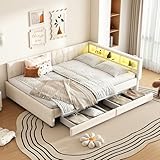 Gxffipw LED Tagesbett Doppelbett 140x200 cm mit 2 Schubladen und USB-Typ-C, Schlafsofa Bett mit Stauraum und Streifendesign, Jugendbett Bettgestell mit Lattenrost, Leinen, Beige, Ohne Matratze