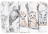 FENSILO Spucktücher Mullwindeln 5er Pack 70x80cm Mulltücher Baby Stoffwindeln für Jungen und Mädchen Giraffe-Elephant