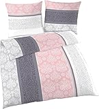 Soma Fein-Biber Bettwäsche-Set 2tlg grau rosa | 2 teilige 155x220 cm & Kissen 80x80 cm | Barock Paisley