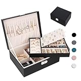 Homtibrm Schmuckkasten, Schmuckkästchen mit 2 Ebenen, PU-Leder Schmuckbox Schmuckschatulle Groß Schmuck Organizer für Ringe Ohrringe Armbänder Halsketten, Schwarz