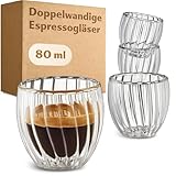 Cosumy Doppelwandige Espresso Gläser 80ml - 4er Set - Elegantes Riffel-Design - Kristallklare Thermogläser Spülmaschinenfest