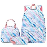 Rucksack Mädchen 3 Teilig Strippen Druck Schulrucksack Mädchen Set, Grundschule Kinder Rucksack Schule Mädchen Kinderrucksäcke Schulranzen mit Lunchtasche Federmäppchen, 3 in 1 Leichte Umhängetasche