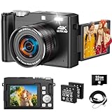 Digitalkamera, 4K 64MP Kompakte Digitalkamera mit Autofokus und Makrofunktion, 180° Flip-up Bildschirm Tragbare Selfie-Kameras für Fotografie und Video mit 32GB SD-Karte für Anfänger Teenager