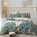 Freyamy Bettwäsche 135x200cm 2teilig Grün Dunkelgrün Bunt Blumen Blätter Pflanzen Wendebettwäsche Floral Mädchen Bettwaren-Sets 100% Microfaser Bettbezug mit Reißverschluss und Kissenbezug 80x80cm