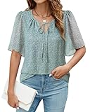 Vafoly Bluse Damen Elegant 3/4 Arm: Chiffon Bluse Frauen Blumen V-Ausschnitt Tunika Sommer Doppellagige Tunika Business Casual Oberteil Damen Leicht 2025 Blau Blumen L