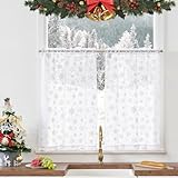 TOPICK Weihnachten Sheer Scheibengardinen mit Tunnelzug Schneeflocke Bistrogadine Fenstervorhang Voile Licht-Filterung Kurzer Küchenvorhang für Schlafzimmer Kinderzimmer 65x60cm (BxH) 2er Set Weiß
