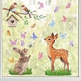 3 Blatt Fensterbilder Doppelseitig Sikahirsche Hase Schmetterling Fensterdeko Wiederverwendbar Fenstersticker Selbstklebend Fenster Aufkleber Deko Frühling für Glas Kinderzimmer Badezimmer