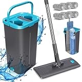 MASTERTOP Bodenwischer Set mit Eimer, Flacher Wischmopp mit 6 Mikrofaser Pads für Nass-Trockennutzung, 2 in 1 Komplett Set Wischmop mit Auswringfunktion für Hartholz Fliesen Laminat Marmor, Grau+Blau