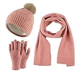 Damen Winter Warm Mütze mit Bommel Touchscreen Handschuhe und Lang Schal Set mit Dick Fleece Gefütterte, Winterhandschuhe Weihnachten Geschenk für Frauen