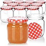 com-four® 12x Einmachgläser mit rot/weiß kariertem Schraub-Deckel - TO Ø 82 mm - bis zu ca. 425 ml