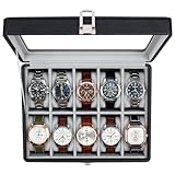 KILHS Uhrenbox mit 10 Fächern, Uhrenkasten mit Glasdeckel, Watch Box mit herausnehmbarer Unterlage, Metallverschluss, Geschenk, Schwarzes Kunstleder, Graues Innenfutter