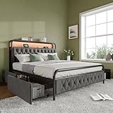 BXEYXE Polsterbett Doppelbett mit Aufladen USB Type C Ladefunktion APP-Control LED Bettgestell Metallbett 140×200 Bettrahmen und 4 Schubladen. Samt (Mit Matratze)