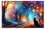 Pickako Aquarell Fantasy Bunte Waldflagge mit schwarzen Katzen, Halloween-Feier, 90 x 150 cm, einseitiger Druck, 90 x 152 cm große Flaggen mit Messingösen, für Zuhause, Haus, Außen- und