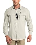 Outdoor Ventures Herren Langarm Hemd Outdoor Funktionshemd Schnelltrocknende Shirts Casual Freizeithemd Atmungsaktive Sportshemd Frühling Sommer Herbst mit Taschen für Wandern Camping Beige L