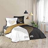 Dynamic24 3tlg. Bettwäsche 260x240cm You & Me 100% Baumwolle Bettgarnitur Übergröße Bett Decke Bezug Bettdecke bedruck schwarz weiß Gold King Queen Size mit 2 Kissenbezügen und 1 Bettdeckenbezug