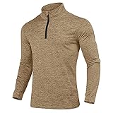 KEFITEVD Wandershirt Herren Langarm Atmungsaktiv Fleece Pullover mit Reißverschluss Kragen Ski Rolli Warm Outdoor Training Shirt Männer Frühling Top Khaki XL