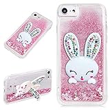 LCHDA für iPhone 7 Plus 8 Plus Glitzer Flüssig Hülle Rosa Mit Hasen Ohren handyhüllen Flüssigkeit Wasserfall Farbverlauf Sternen Süß 3D Karikatur Hase Stand Transparent Silikon Bumper Schutzhülle