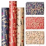 Koncci Geschenkpapier Weihnachten, 3 Rollen 70cm X 5m Recycelbares Weihnachtsgeschenkpapier, Kraftpapier mit Festlichem Elchmuster, füR Weihnachten, Geburtstag, Geschenkverpackung (Braun Blau Rot)