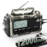 Kurbelradio 12000mah mit Handyladefunktion Solar, AM/FM/SW Notfallradio,Usb/Typ C, Sos,Wiederaufladbar Powerbank,Taschenlampe,Leselampe, Tragbares Radio für Wandern,Camping,Baustelle (Graue Tarnfarbe)