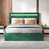 BRYXR 160 x 200 cm Polsterbett, Doppelbett mit Stauraum und LED-Beleuchtung – Grünes Samtbett für Erwachsene und Jugendliche, Komfortables Kopfteil und Lattenrost, Ohne Matratze