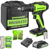 Greenworks 24V Akku-Bohrschrauber, bürstenloser Motor, 35Nm Drehmoment, inkl. 2Ah Akku und Ladegerät, Bohrer-Set und Schrauberbit-Set
