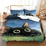 TMBKSDLLB Schwarze Katze 3-teiliges Deckenbezug-Set Hotel-Qualität Bettwäsche-Set Mit Kissenbezügen Reißverschluss Ultrasoft Hypoallergen Hautfreundlich Langlebig Mikrofaser Single（140x200cm）