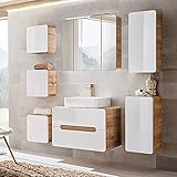 Lomadox Badmöbel Set, Hochglanz weiß mit Wotaneiche, Keramik Aufsatz Waschbecken mit Waschtischunterschrank, LED-Spiegelschrank, 4 Hängeschränke, Unterschrank