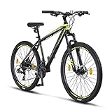 Licorne Bike Diamond Premium Mountainbike Aluminium, Fahrrad für Jungen, Mädchen, Herren und Damen - 21 Gang-Schaltung - Scheibenbremse Herrenrad – einstellbare Vordergabel (27.5, Schwarz-Lime)
