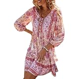 TcIFE Damen Bohemian Tunika Kleid Strandkleid Sommerkleider Vintage Strandtunika 3/4-Arm Rundhals Kleid Blumenmuster Tunikakleider Kurzes Tops