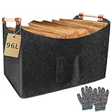 WPPQWP Holzkorb für Kaminholz Groß, Kaminholzkorb Filz XXL(96L, 60x40x40cm), Faltbarer Brennholzkorb, Extra Dicker Filz Mit Holzgriff & Handschuhen, für Einkäufe und Brennholz, Dunkelgrau (96L)