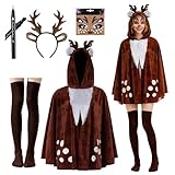 Reh Kostüm Damen,Faschingskostüme mit Poncho Rentier Ohren Haarreif Gesichtstattoo Socken und Eyeliner,Tierkostüme für Erwachsene Karneval Mottoparty (A)