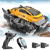 fisca RC Panzer Auto, Amphibische Fernsteuerung Crawler 2.4Ghz All Terrain Off-Road 4WD Drifting Auto RC Stunt Wasserdicht Crawler Tank Wasser Spielzeug Geschenke - Gelb