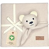DIKOS® Original Babydecke SCHMUSE-Bär (Naturbeige) 100% GOTS Bio Baumwolle Neugeborenen Decke Mädchen/Junge Strickdecke Schmusedecke Kuscheldecke Baby Erstausstattung Babygeschenk Geschenk zur Geburt